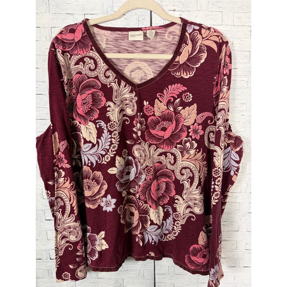 Chico's womens T-shirt long sleeve colorful velvet hem cuff bohemian colorful